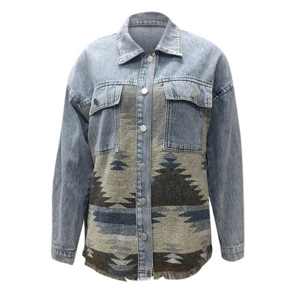 Aztec Design Distressed Denim Jacket - Picture 13 of 14